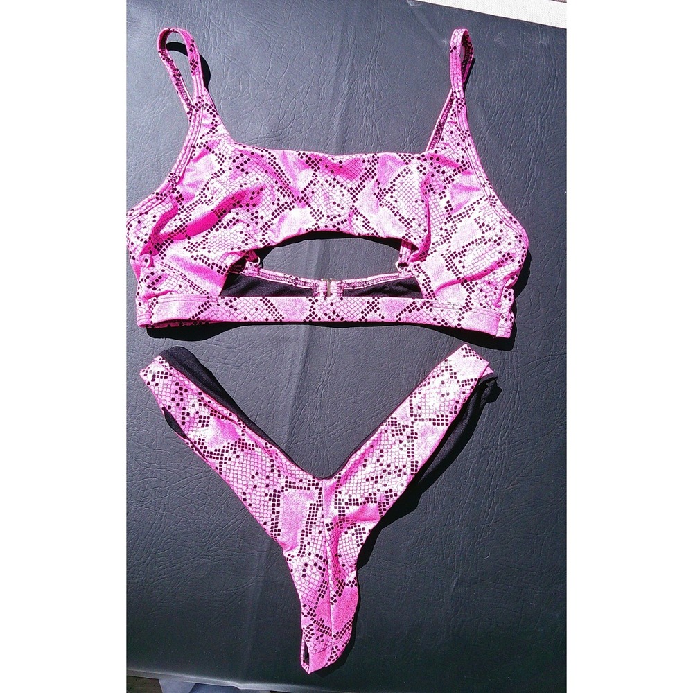 Pink Snakeskin Print Cutout Bikini Set High Cut V-Front Metallic Swimwear